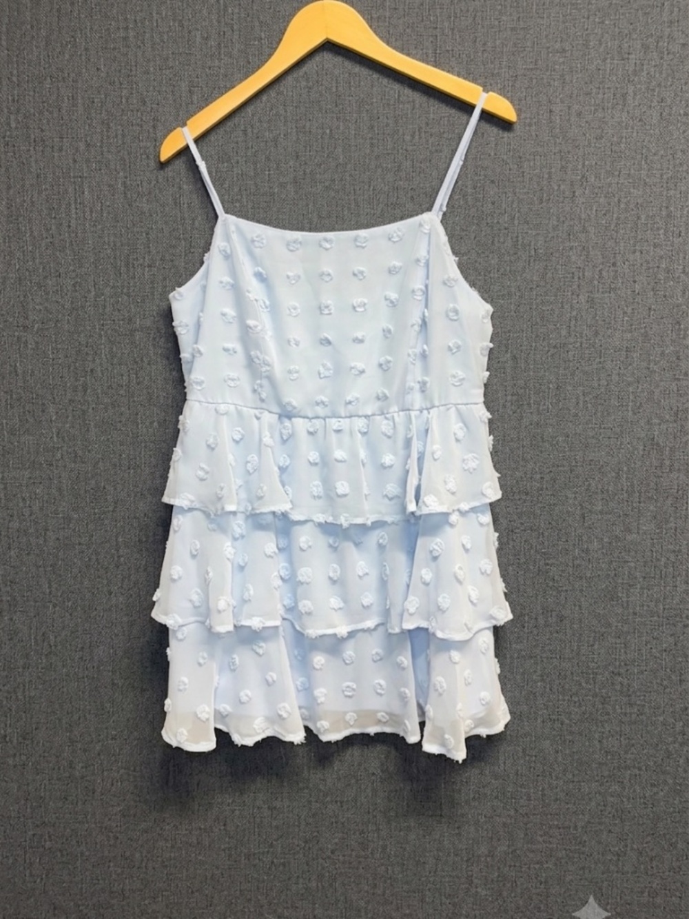 MI AMI Francesca’s Blue Swiss Dot Tiered Ruffle Cami Mini Dress XL Wedding Guest